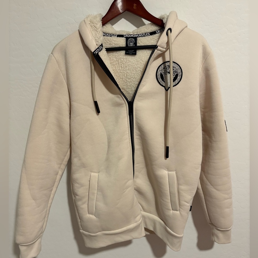 Crooks and Castles Zip Up Hoodie. Sherpa lined. Cream/white color. Size M